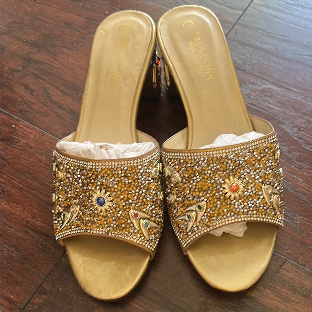 Predictions made in Italy Gold Embellished Women's Slides size fits 8.5-9